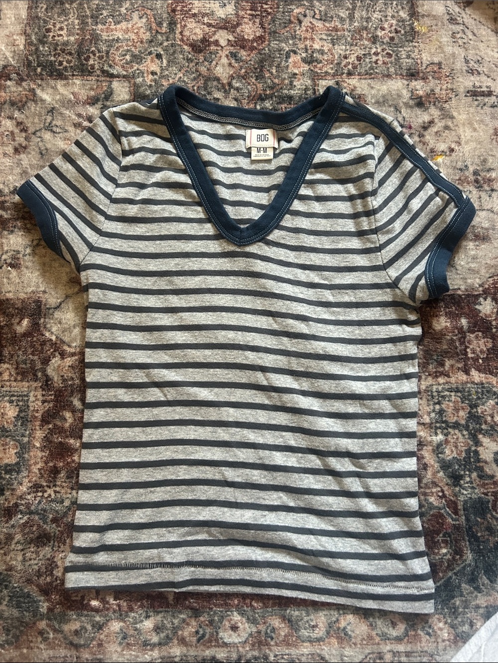 BDG Kids Gray & Navy Striped V-Neck Tee Shirt